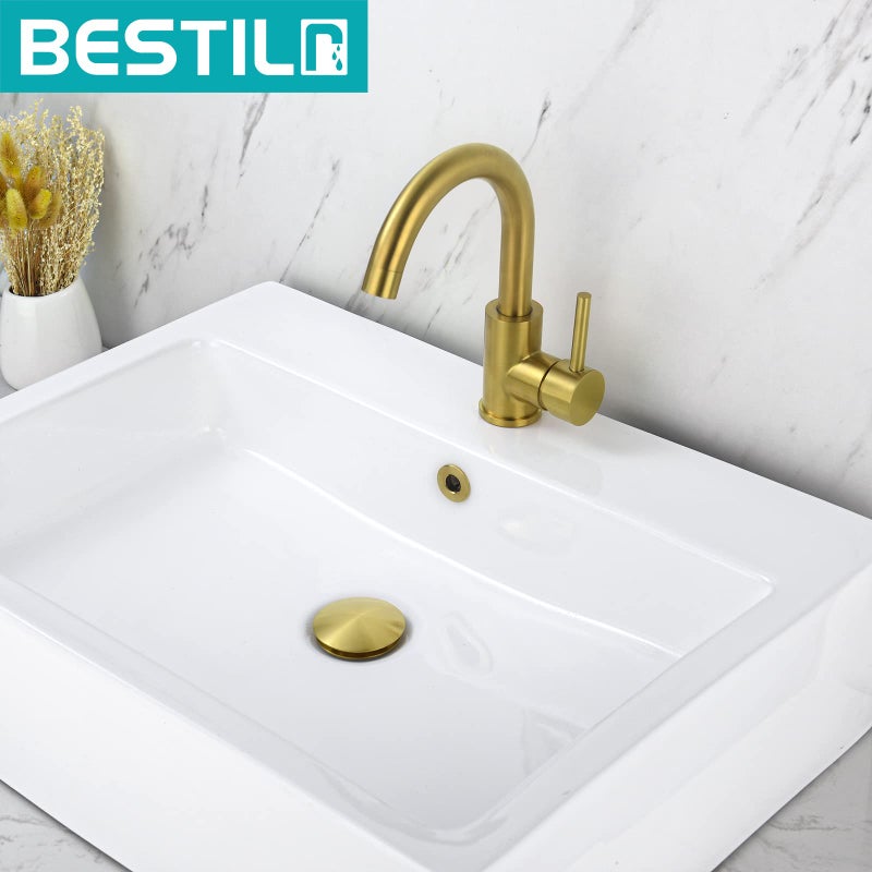 BESTILL Bathroom Sink Drain Stopper, Push Pop Up Drain with Overflow, Brushed Gold - Image 2